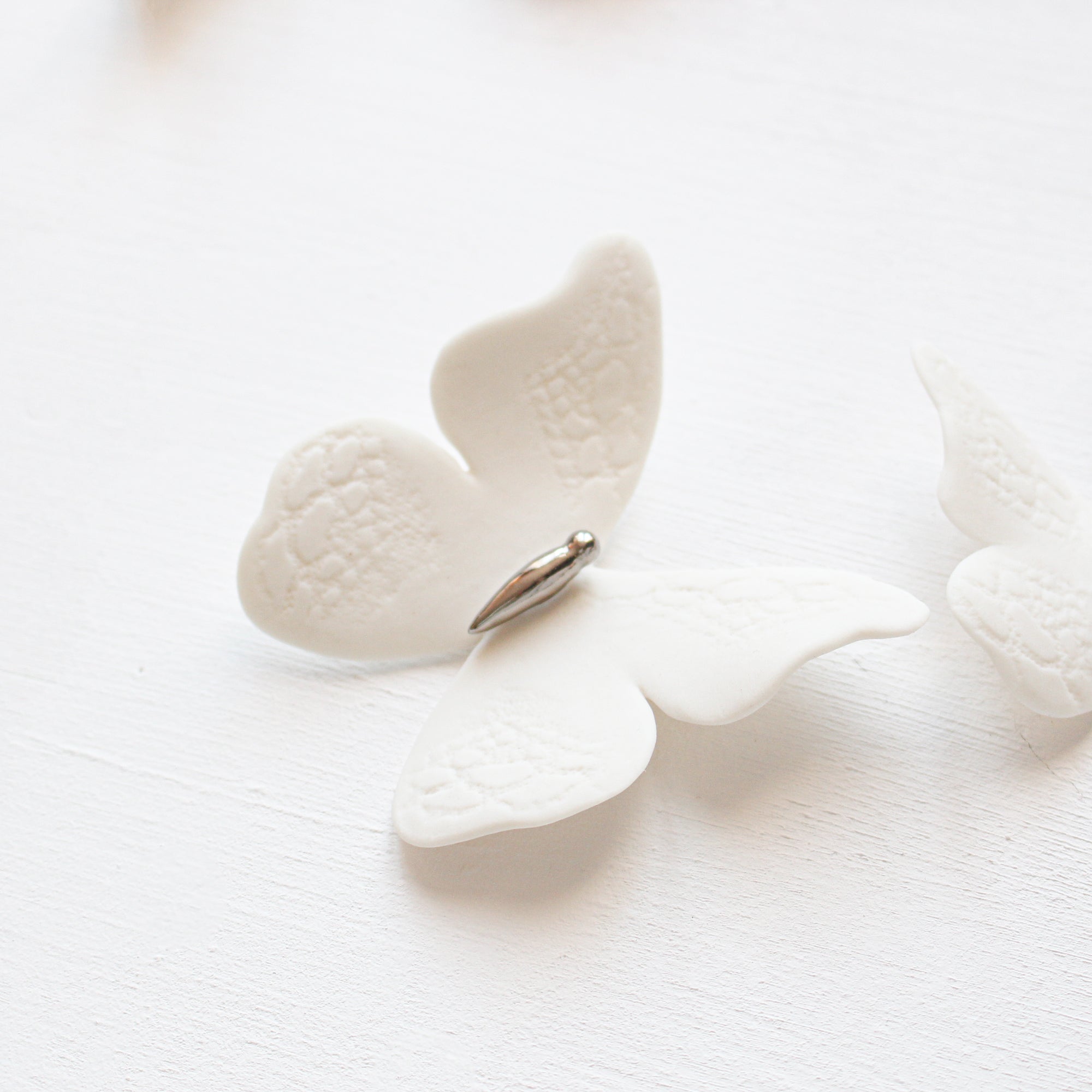 3 White and Platinum Lace Print Porcelain Butterflies handmade in France by Alain Granell