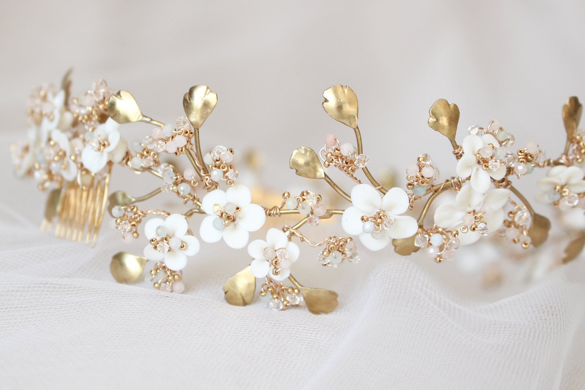 Porcelain flowers and Brass leaves Bridal Tiara by Alain Granell