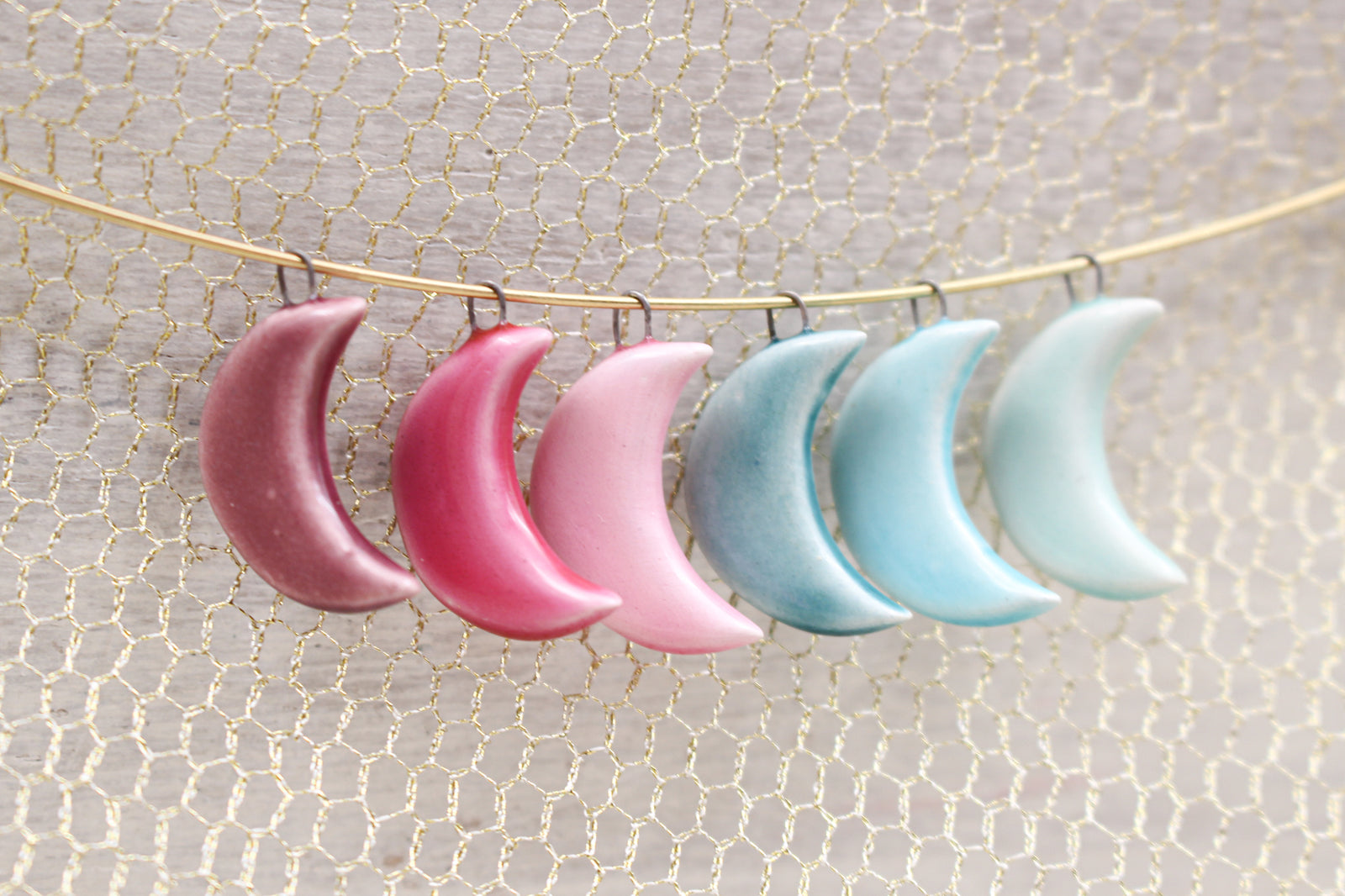 Handmade ceramic moon charms for jewelry making - customizable colors