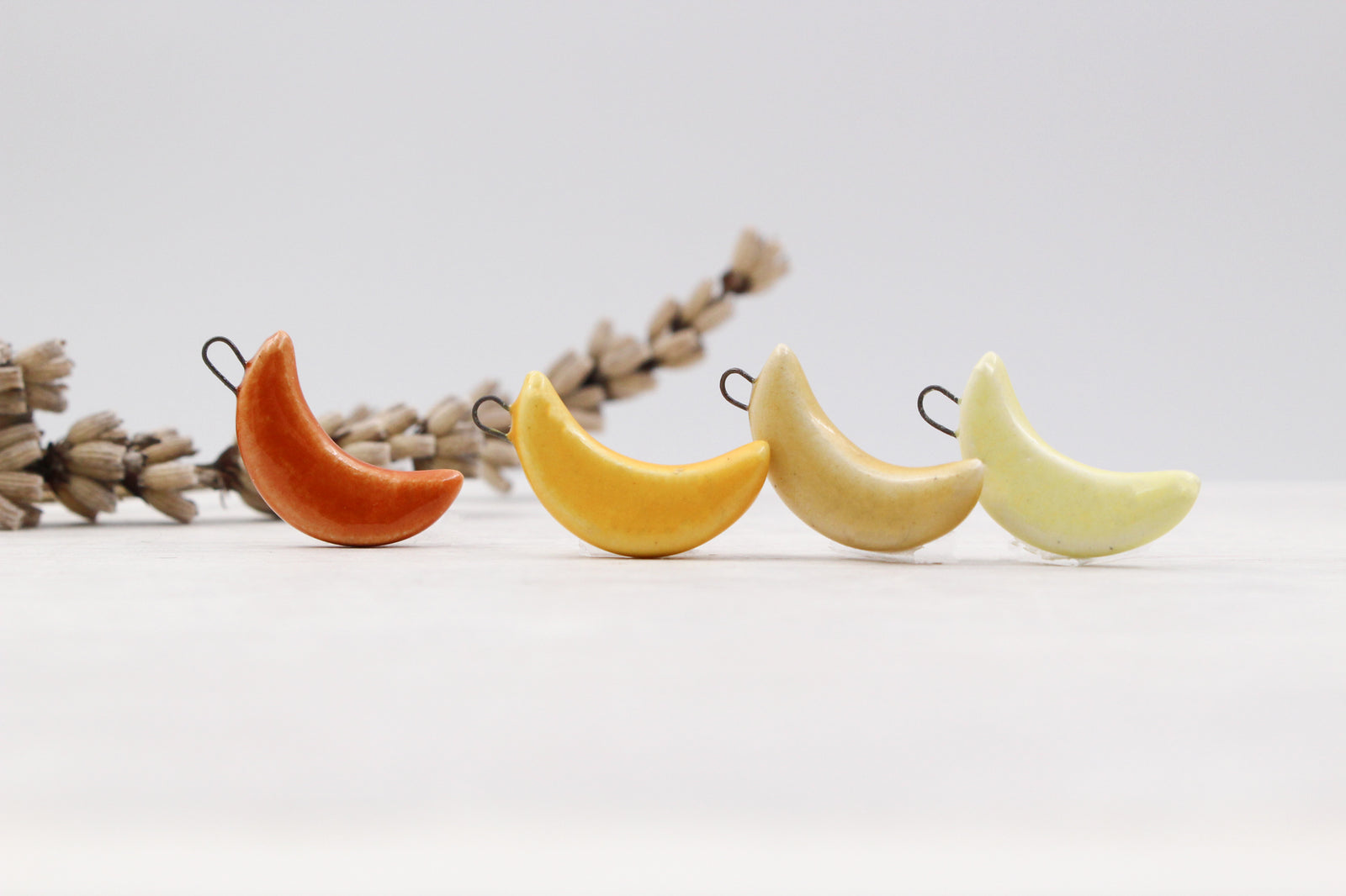 Handmade ceramic moon charms for jewelry making - customizable colors