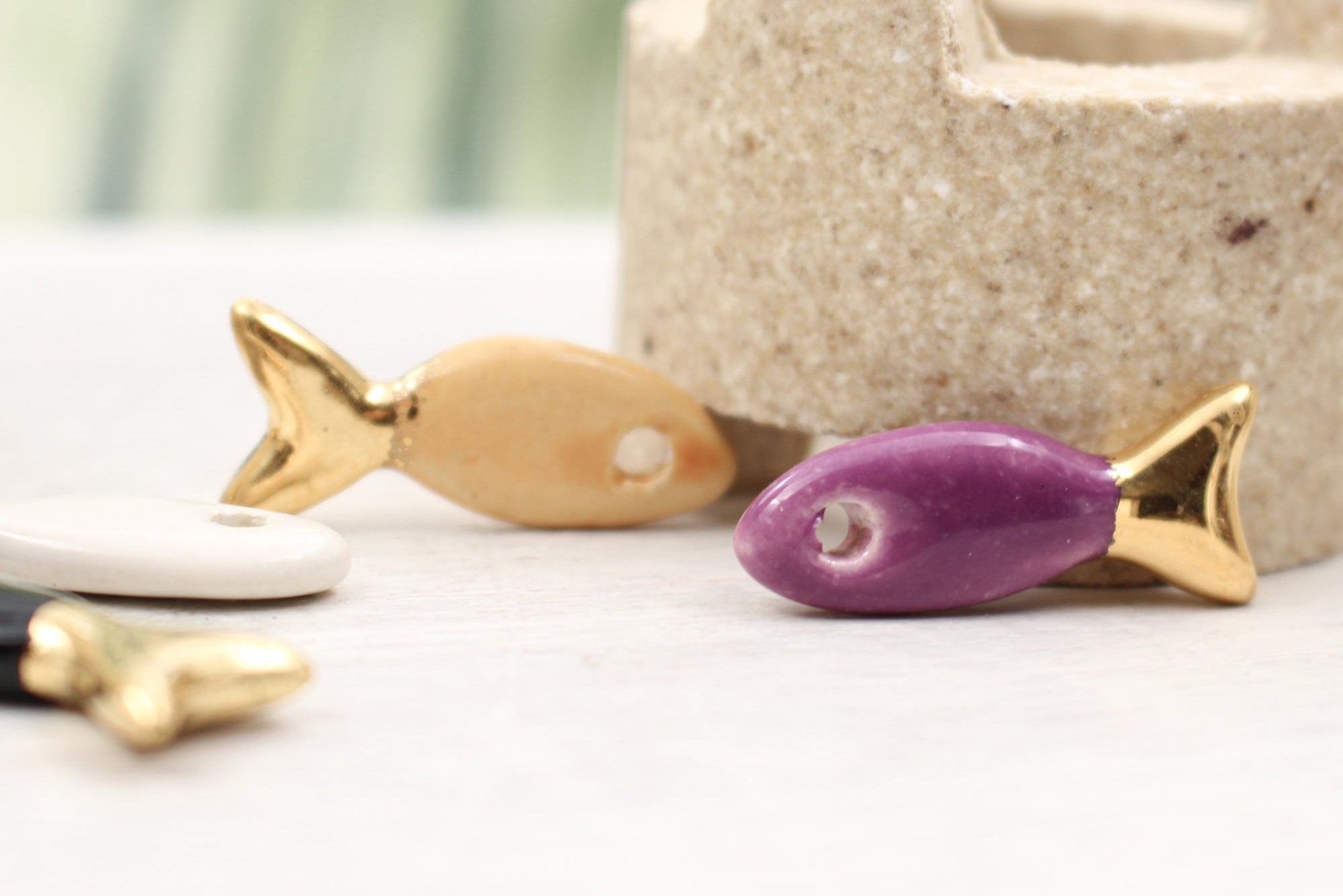 Ceramic and Gold Fish Charms for Jewelry and accessories making handmade in France by Alain Granell