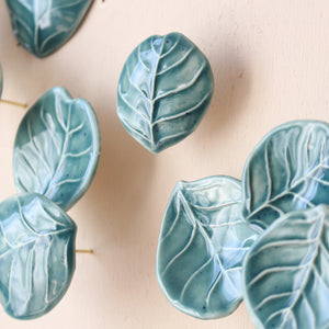 "Eucalyptus" Porcelain Wall Art of Handmade Teal Leaves  by Alain Granell