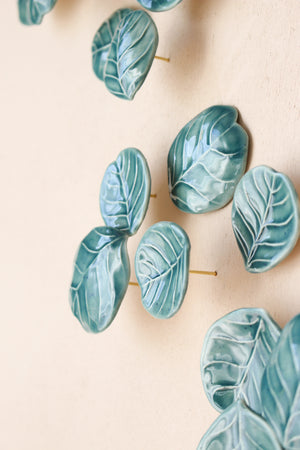 "Eucalyptus" Porcelain Wall Art of Handmade Teal Leaves  by Alain Granell