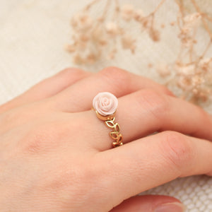 Bague Ajustable Rose en porcelaine Rose et acier inoxydable doré