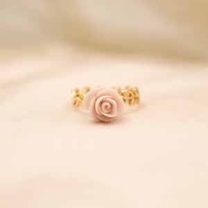 Bague Ajustable Rose en porcelaine Rose et acier inoxydable doré