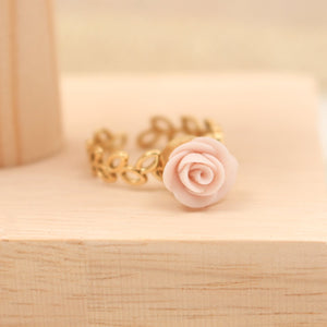 Bague Ajustable Rose en porcelaine Rose et acier inoxydable doré