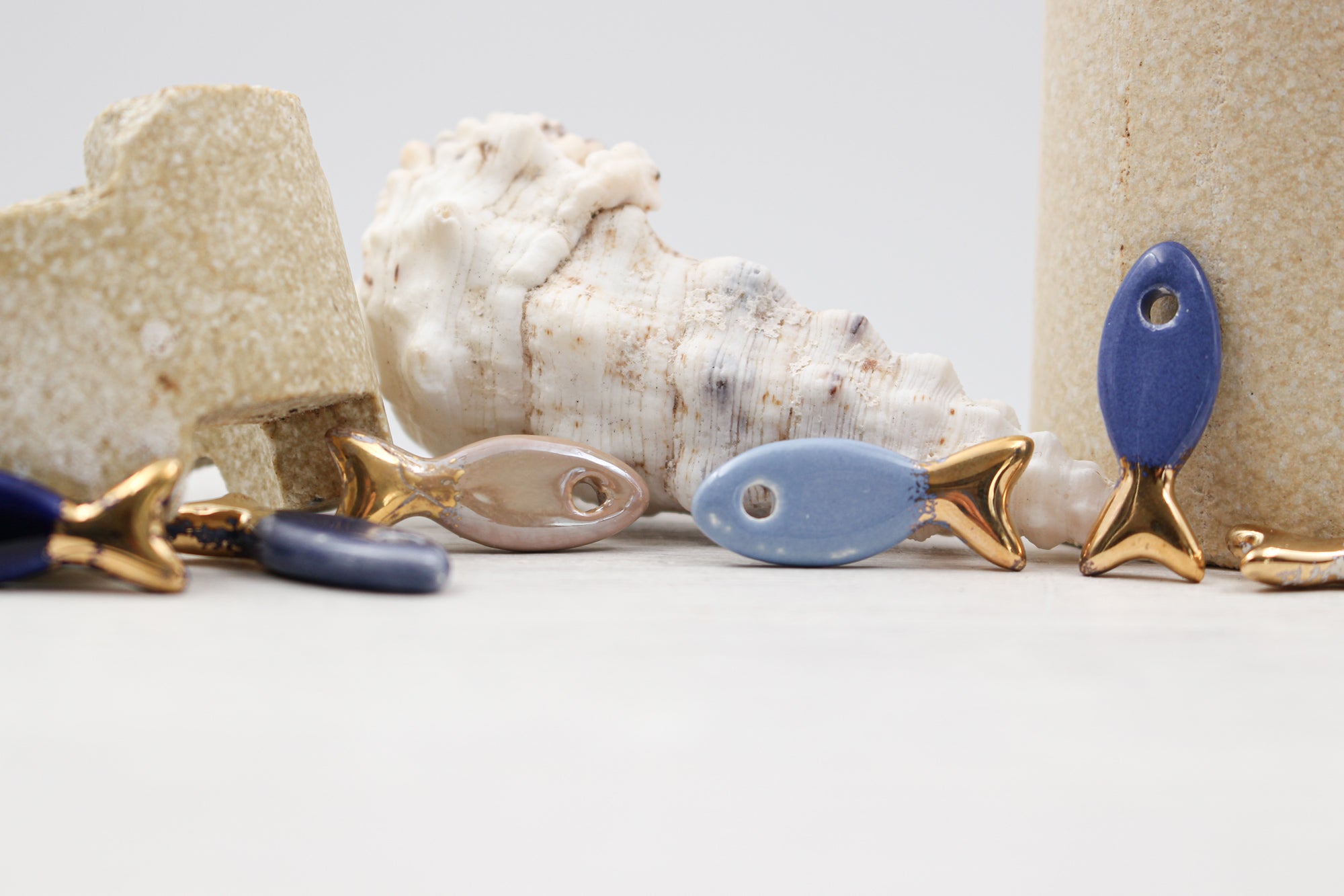 Ceramic and Gold Fish Charms for Jewelry and accessories making handmade in France by Alain Granell