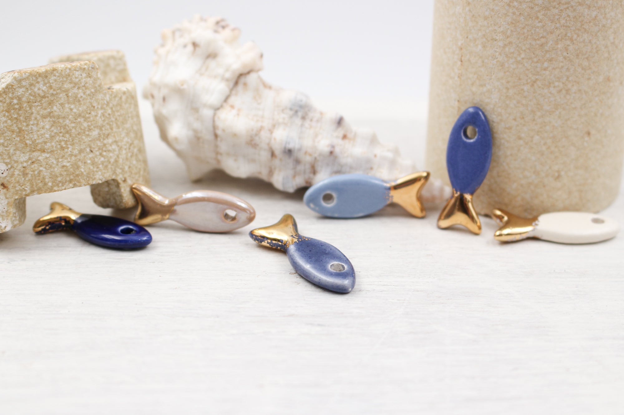 Ceramic and Gold Fish Charms for Jewelry and accessories making handmade in France by Alain Granell