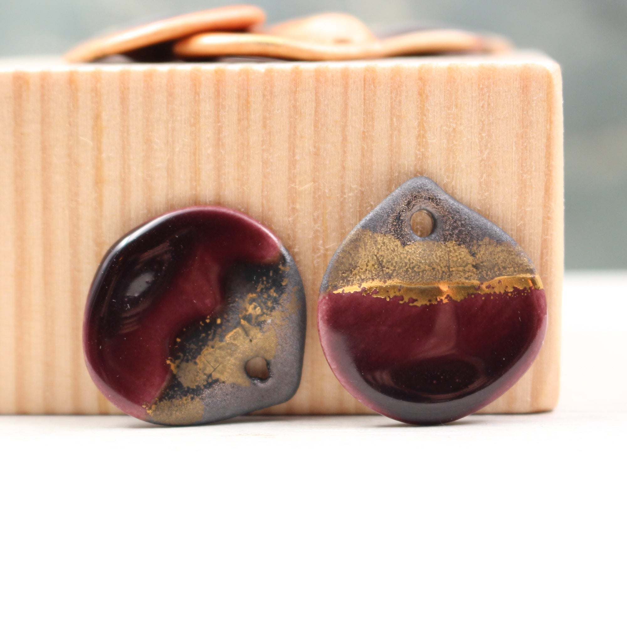 Multicolor ceramic and gold petal charms handmade in France by Alain Granell