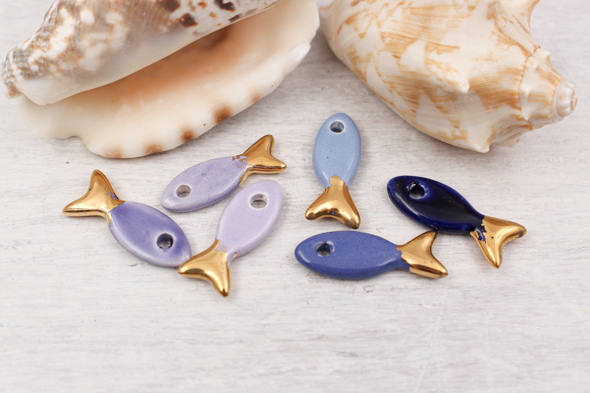 Ceramic and Gold Fish Charms for Jewelry and accessories making handmade in France by Alain Granell