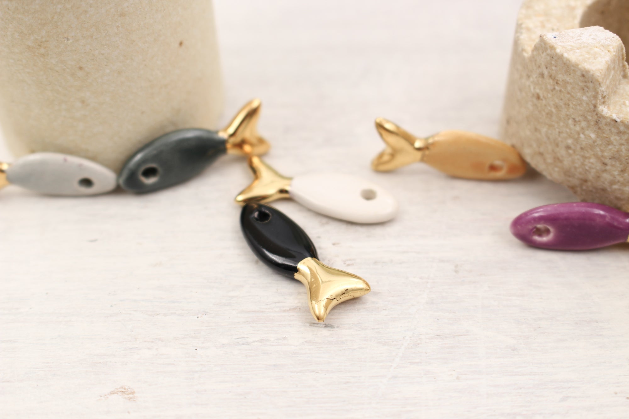 Ceramic and Gold Fish Charms for Jewelry and accessories making handmade in France by Alain Granell