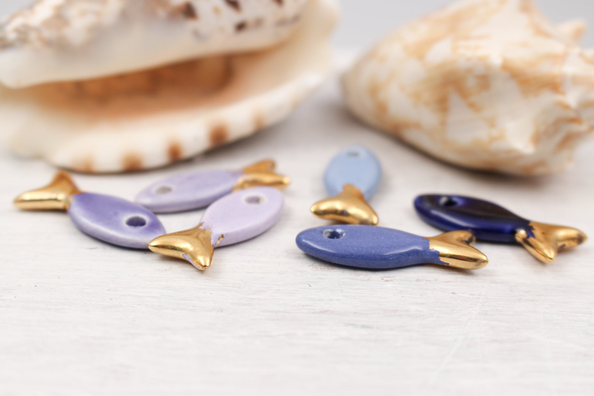 Ceramic and Gold Fish Charms for Jewelry and accessories making handmade in France by Alain Granell