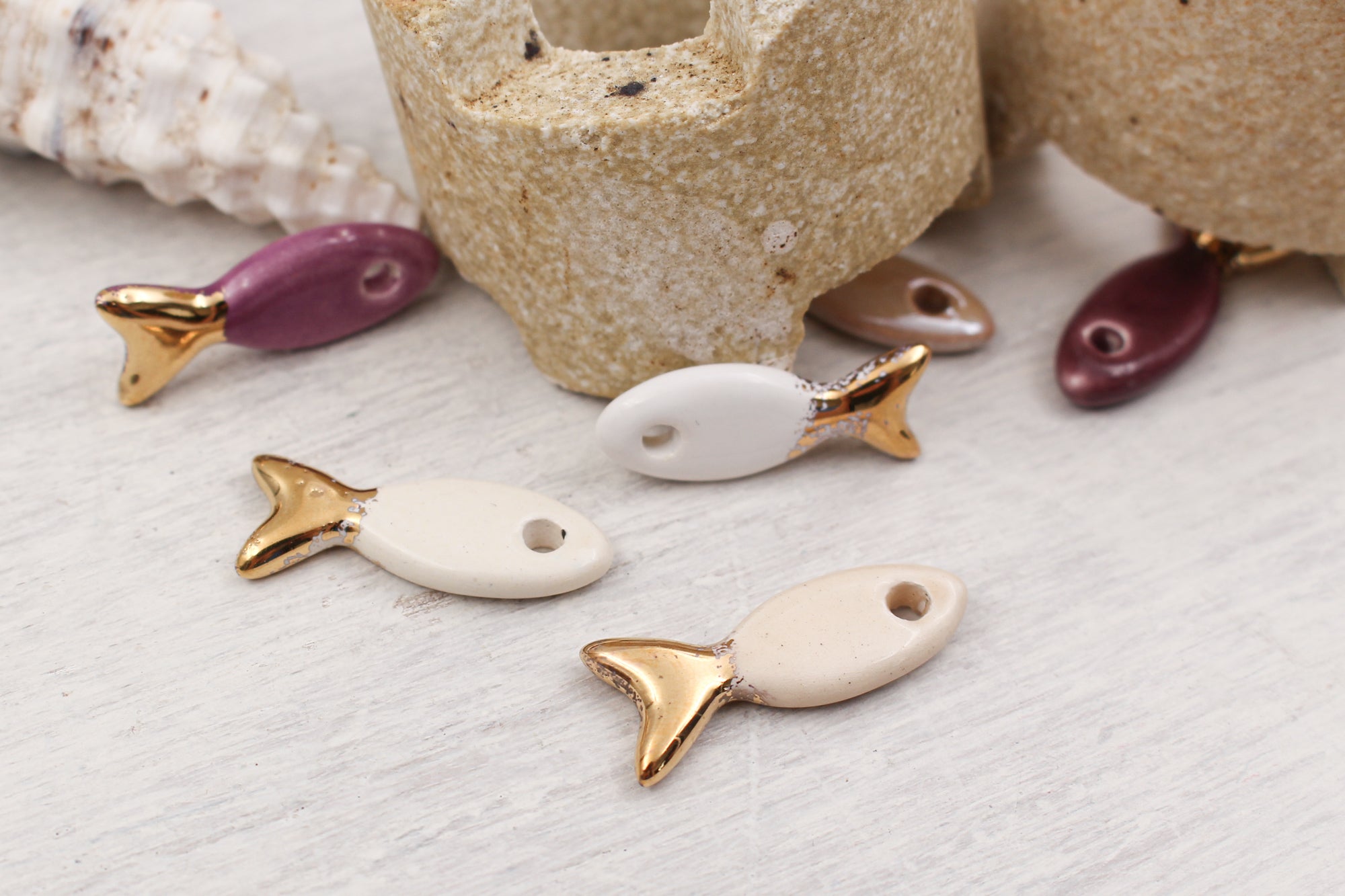 Ceramic and Gold Fish Charms for Jewelry and accessories making handmade in France by Alain Granell
