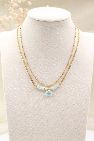 Collier Myosotis Bleu en Porcelaine, acier inoxydable doré et pierres amazonite