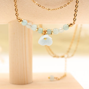 Collier Myosotis Bleu en Porcelaine, acier inoxydable doré et pierres amazonite