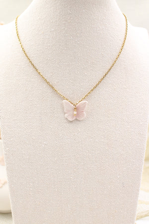 Collier acier inoxydable et papillon rose en porcelaine