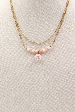 Collier Rose en Porcelaine et Perles en Opale Rose en acier inoxydable doré