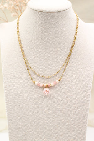Collier Rose en Porcelaine et Perles en Opale Rose en acier inoxydable doré