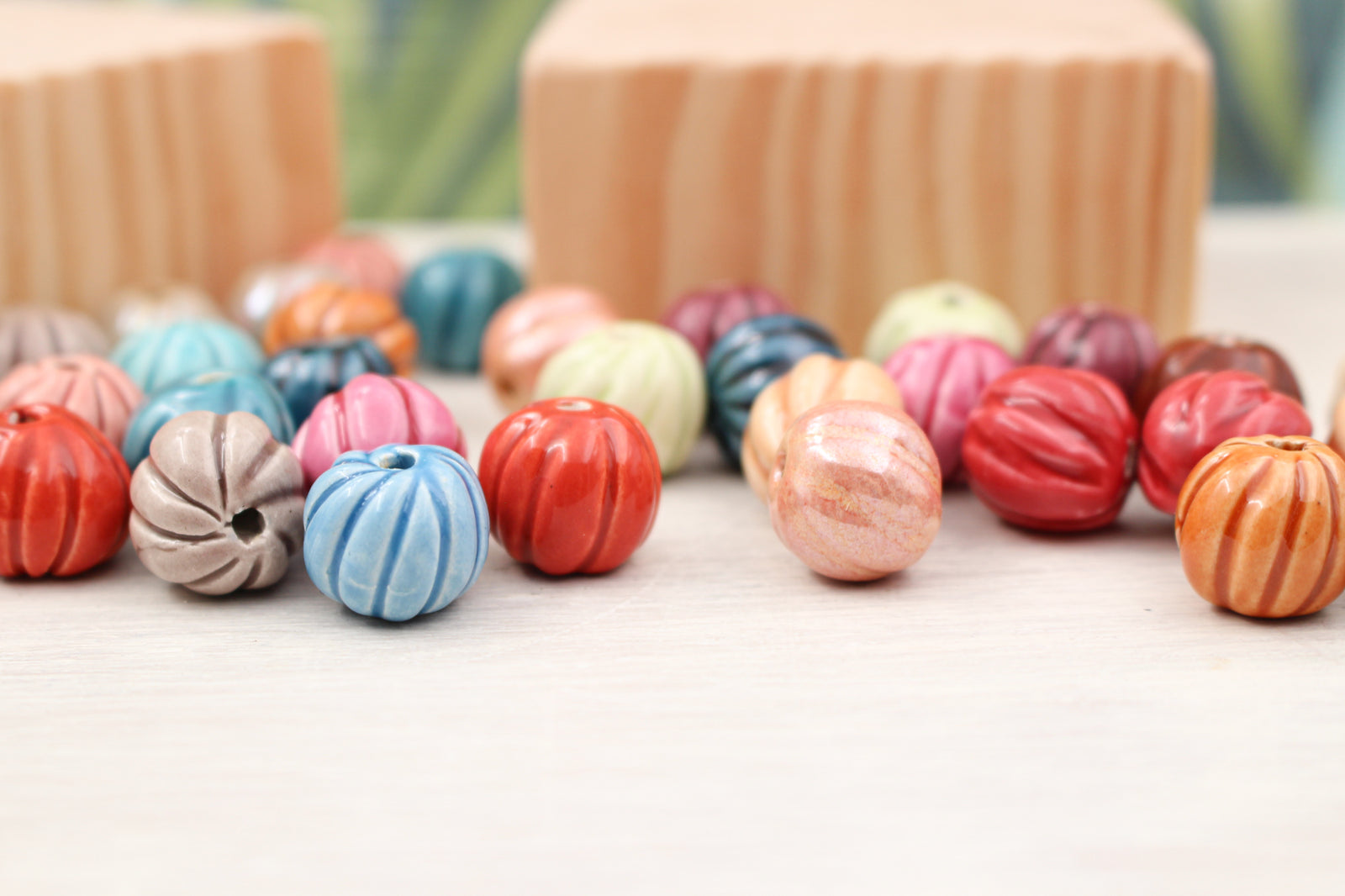 Handmade ceramic melon beads for jewelry making