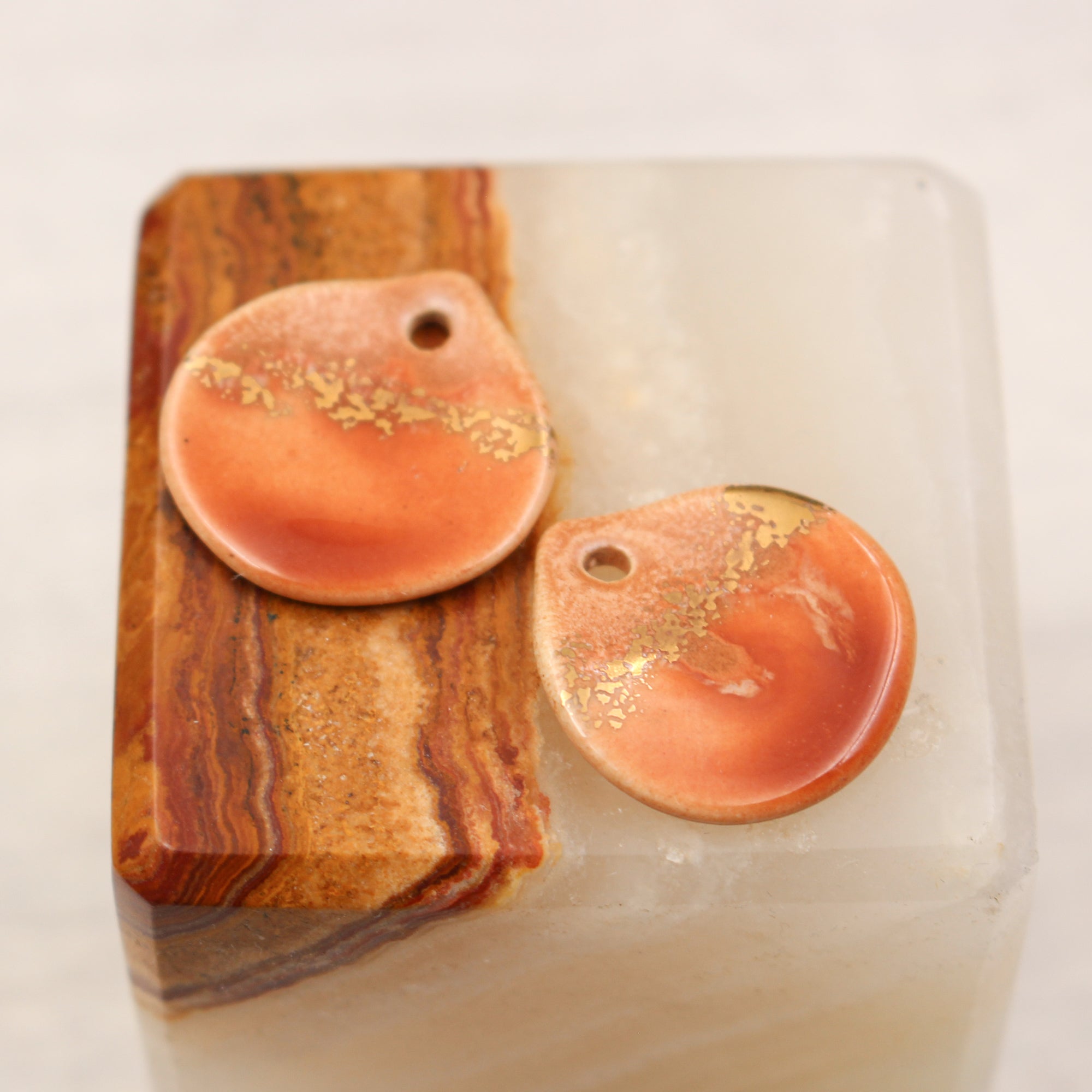 Multicolor ceramic and gold petal charms handmade in France by Alain Granell