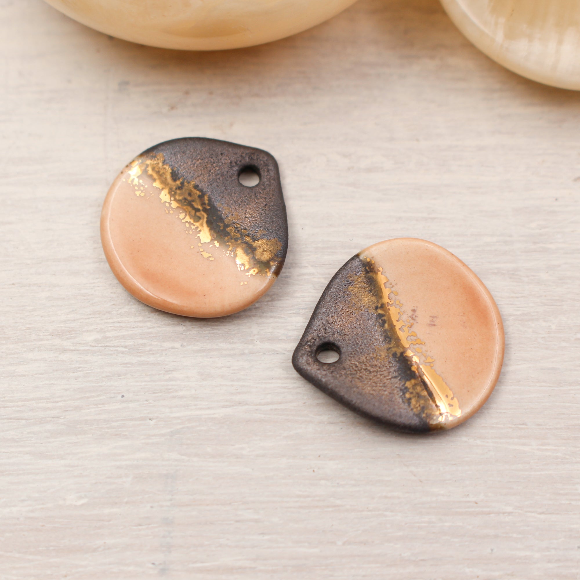 Multicolor ceramic and gold petal charms handmade in France by Alain Granell