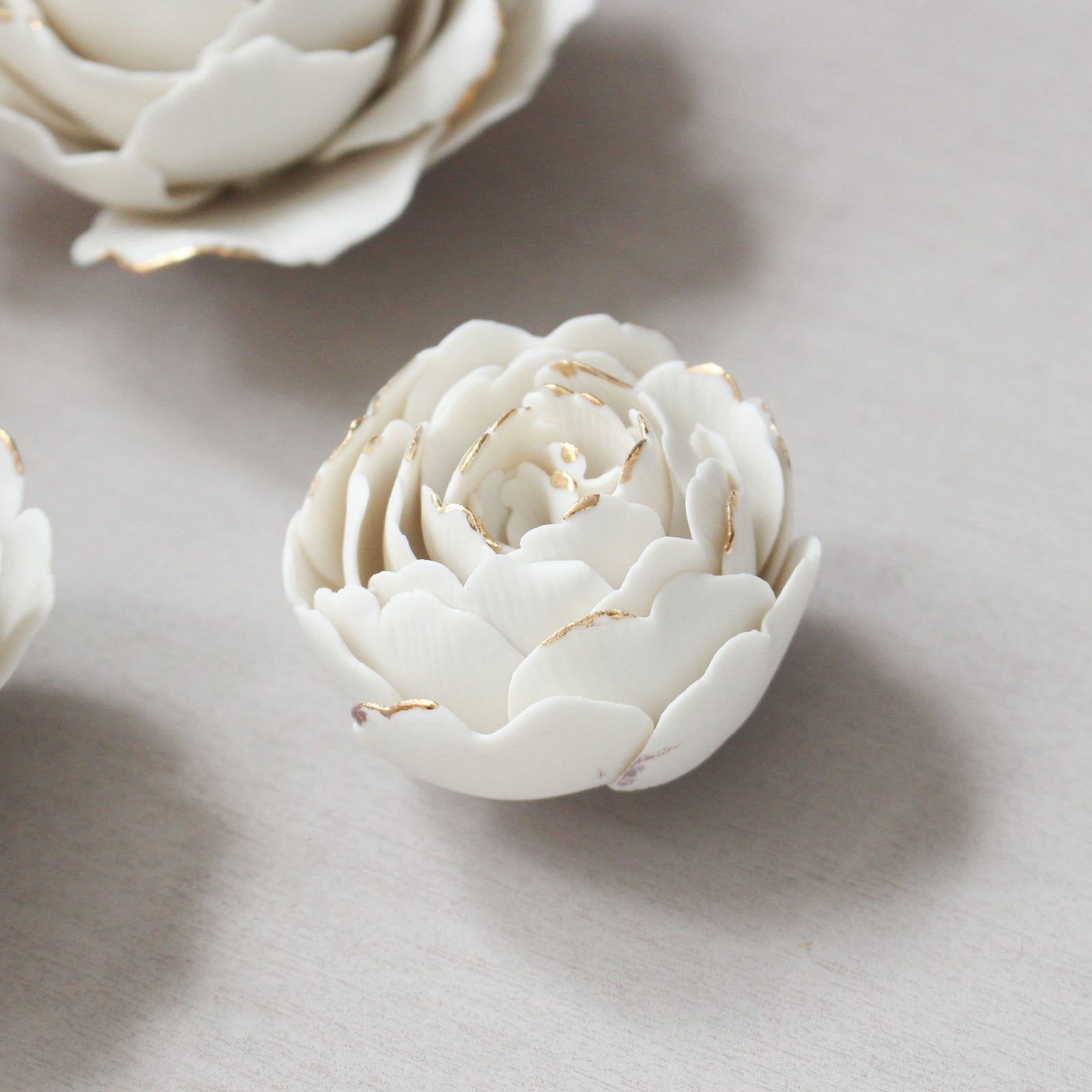 White and Gold Porcelain Peony Flowers by Alain Granell