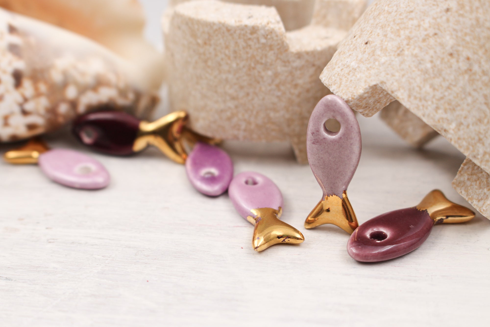 Ceramic and Gold Fish Charms for Jewelry and accessories making handmade in France by Alain Granell