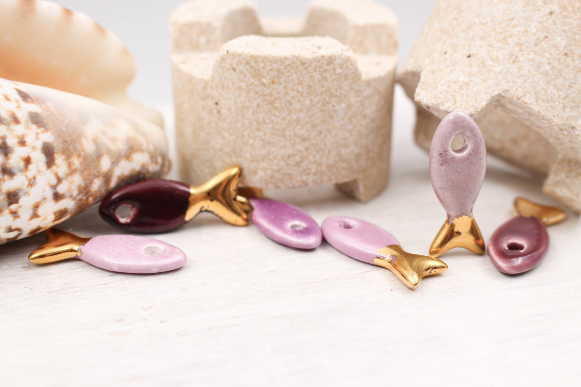 Ceramic and Gold Fish Charms for Jewelry and accessories making handmade in France by Alain Granell