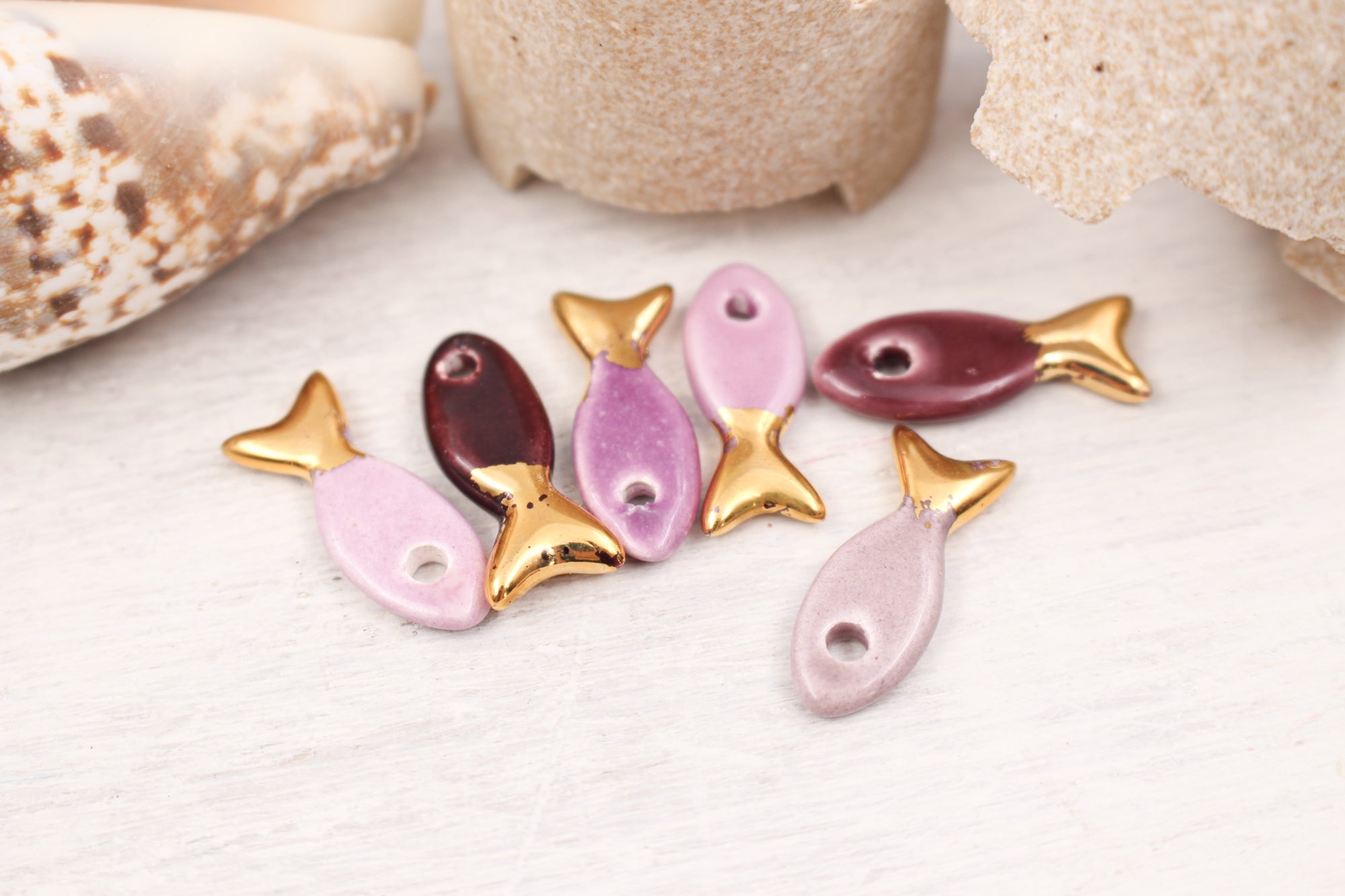 Ceramic and Gold Fish Charms for Jewelry and accessories making handmade in France by Alain Granell
