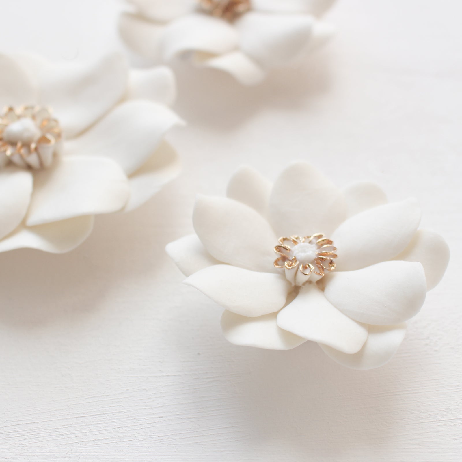 White and Gold Porcelain Flowers handmade in France by Alain Granell