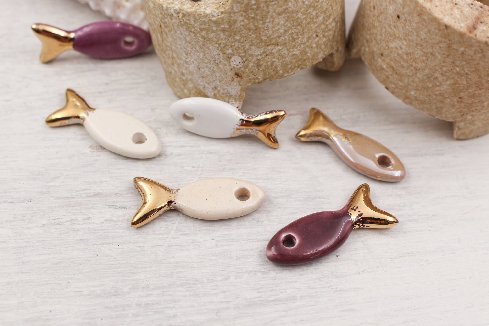 Ceramic and Gold Fish Charms for Jewelry and accessories making handmade in France by Alain Granell
