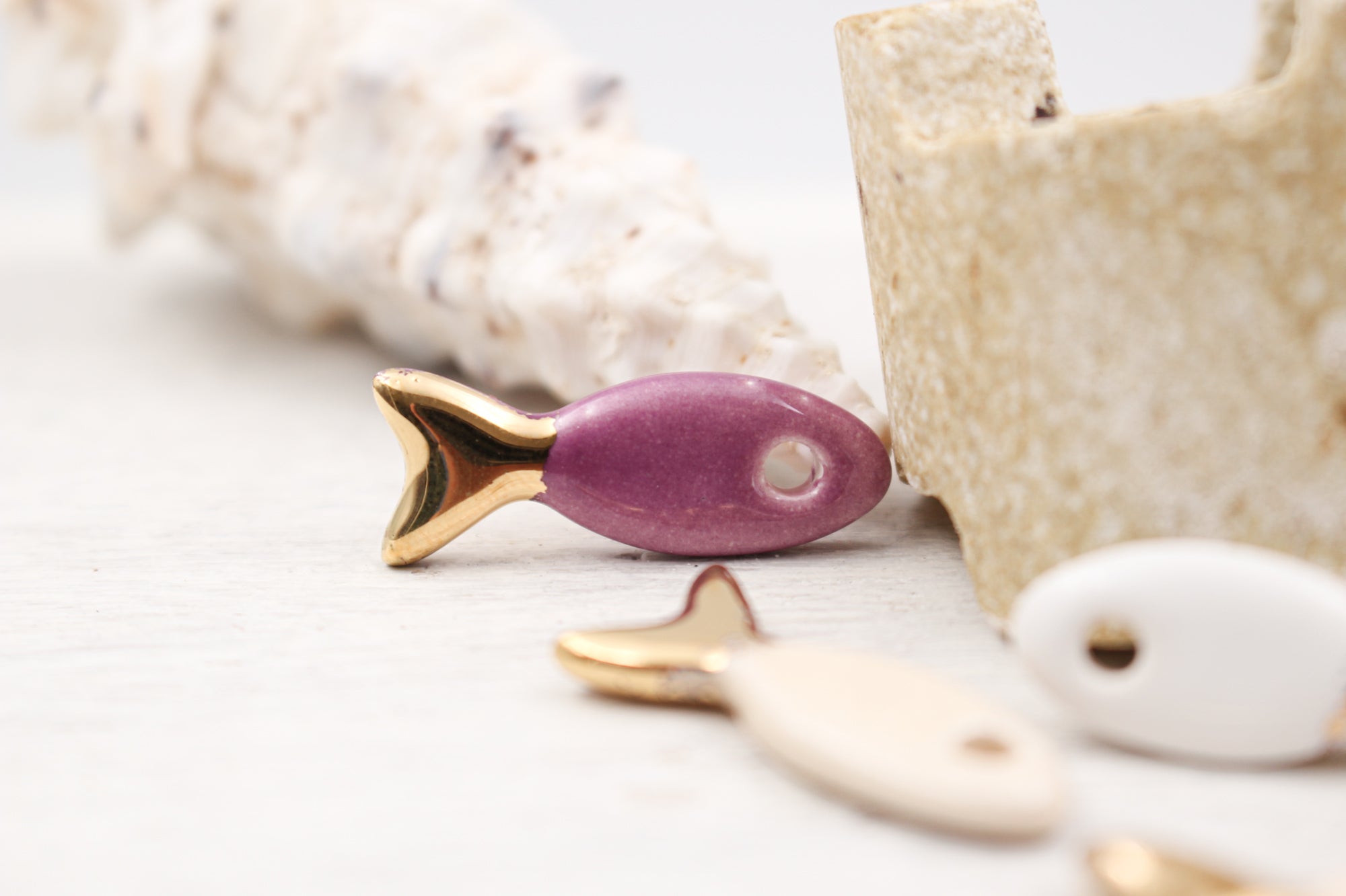 Ceramic and Gold Fish Charms for Jewelry and accessories making handmade in France by Alain Granell