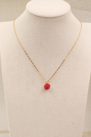 Collier Rose Porcelaine Rouge et Acier Inoxidable doré 