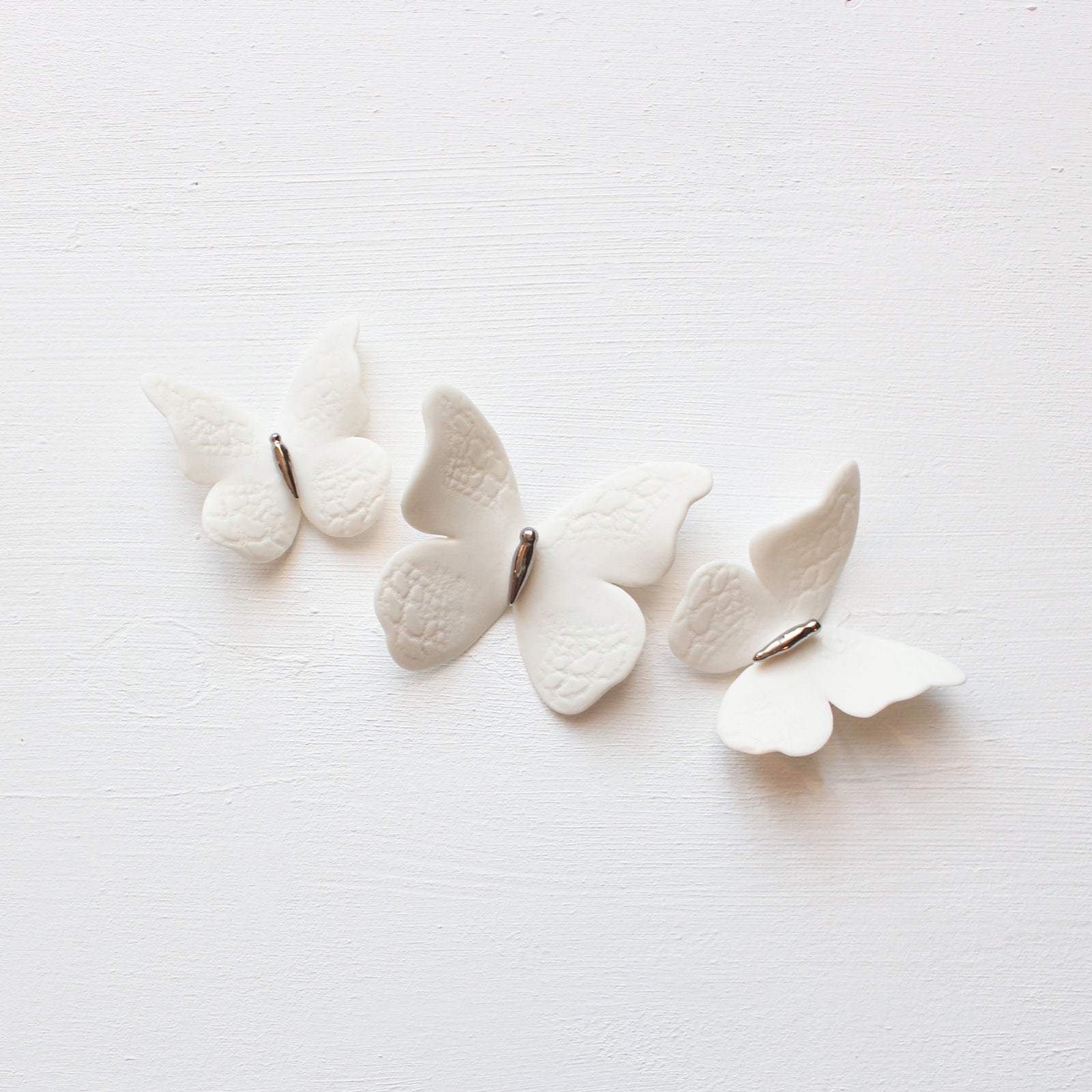 3 White and Platinum Lace Print Porcelain Butterflies handmade in France by Alain Granell