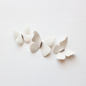 3 White and Platinum Lace Print Porcelain Butterflies handmade in France by Alain Granell