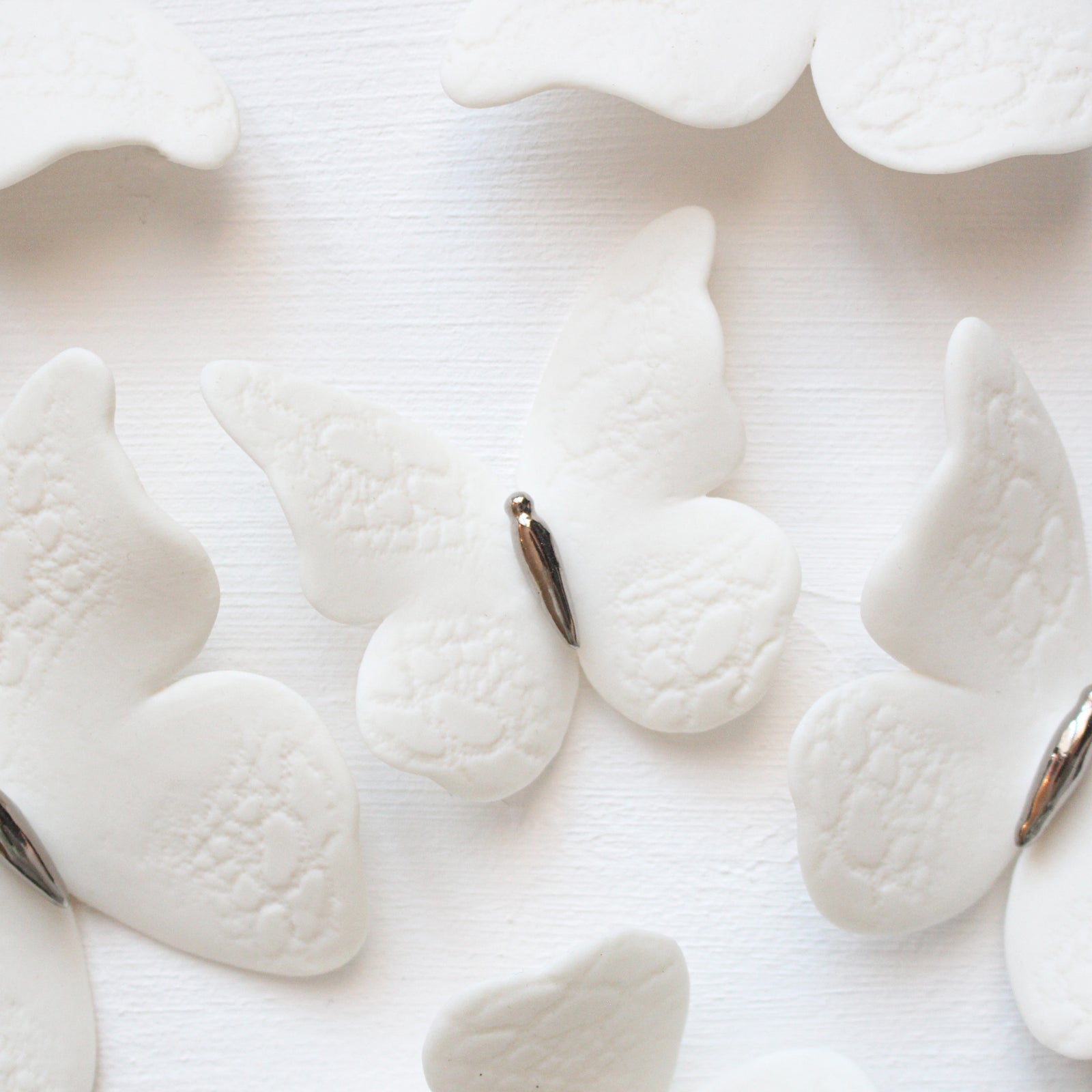 3 White and Platinum Lace Print Porcelain Butterflies handmade in France by Alain Granell