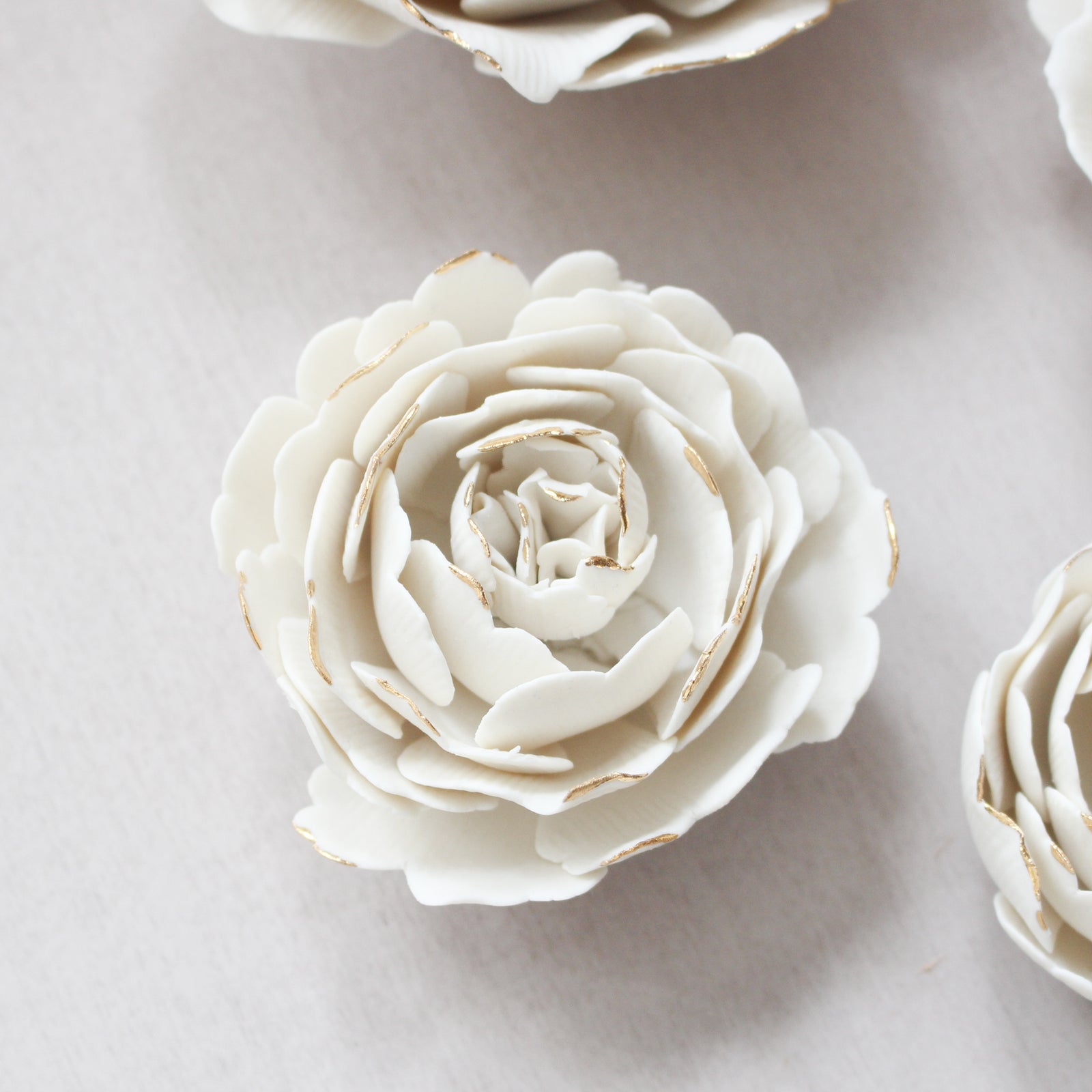 White and Gold Porcelain Peony Flowers by Alain Granell