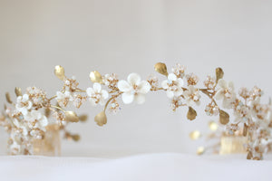 Porcelain flowers and Brass leaves Bridal Tiara by Alain Granell