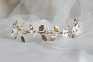 Porcelain Flower and Raw Brass Leave Wedding Tiara by Alain Granell
