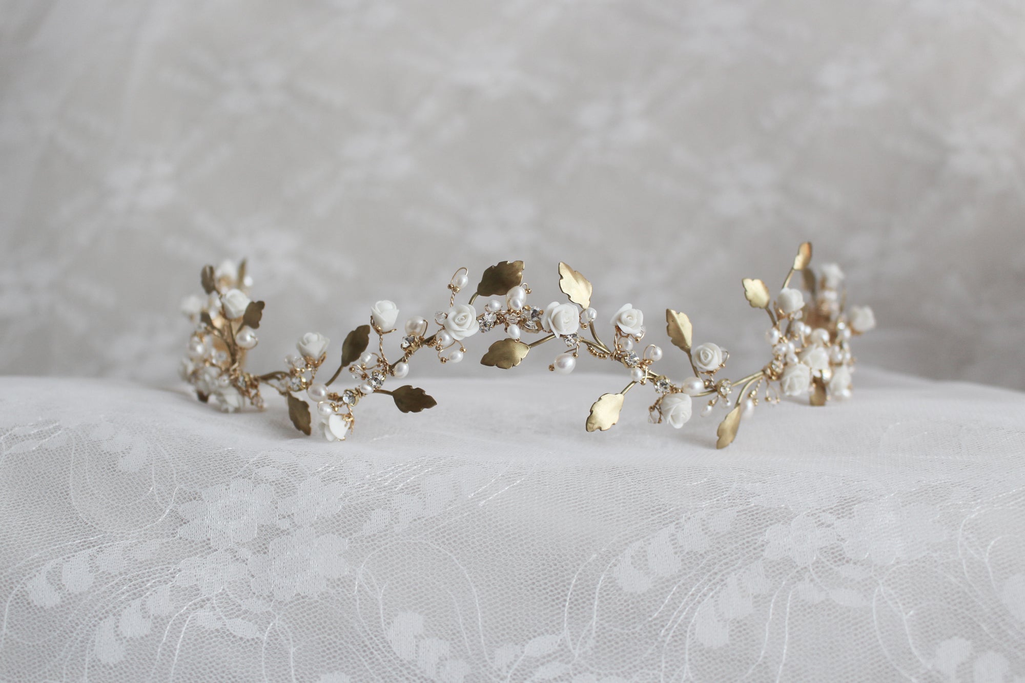 Porcelain Flower and Raw Brass Leave Wedding Tiara by Alain Granell