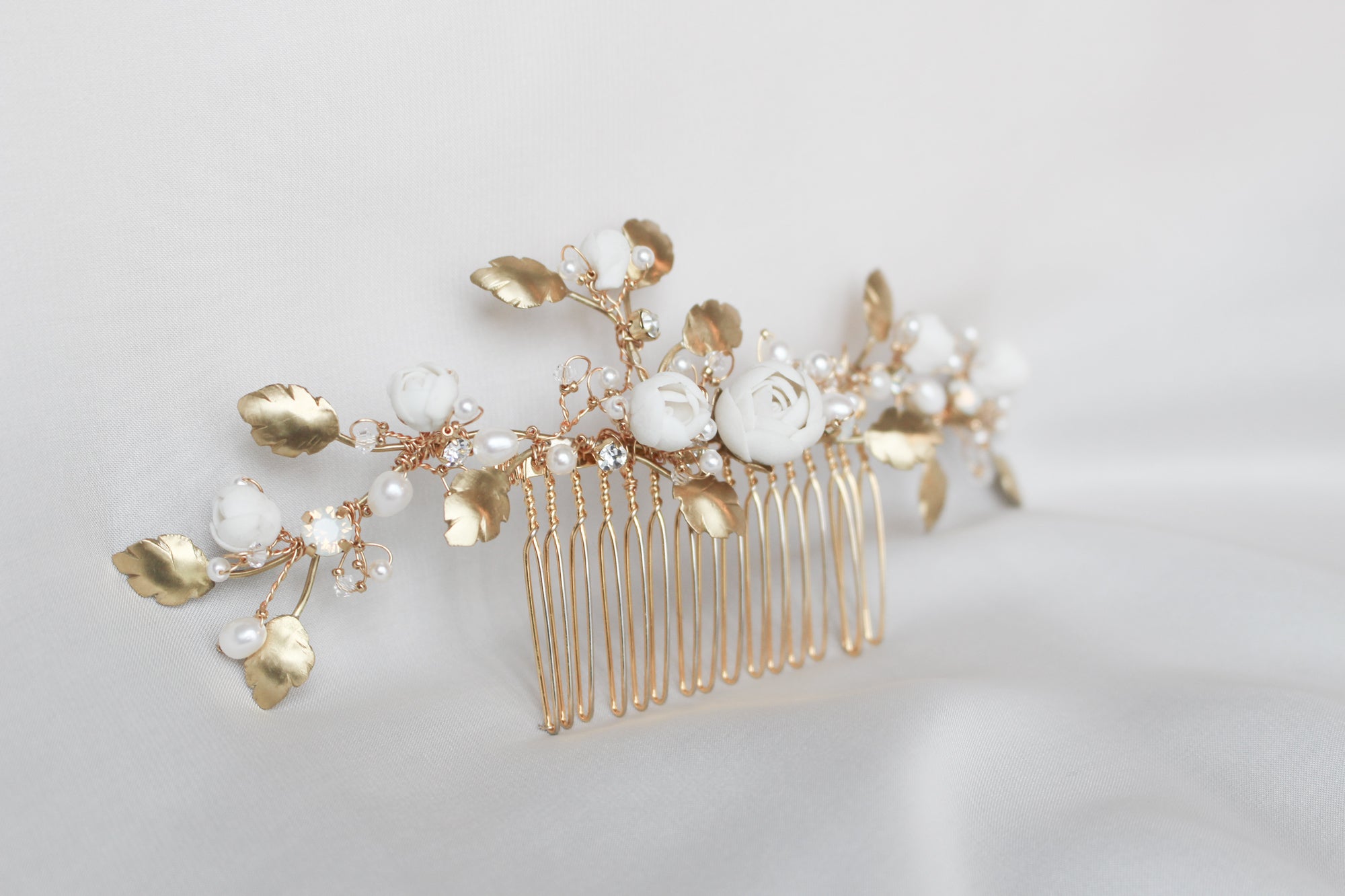 Porcelain Flowers and Raw Brass Leaves Wedding Comb by Alain Granell