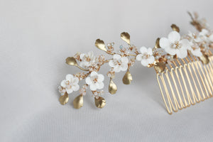 Porcelain Flower and Raw Brass Leave Wedding Comb by Alain Granell